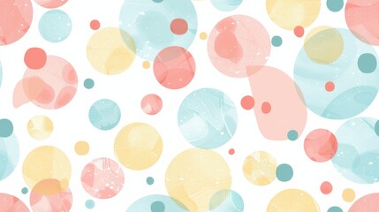 Pastel circle seamless pattern with transparent, colorful bubbles on a white background. Ideal for playful, cheerful, and creative themes.