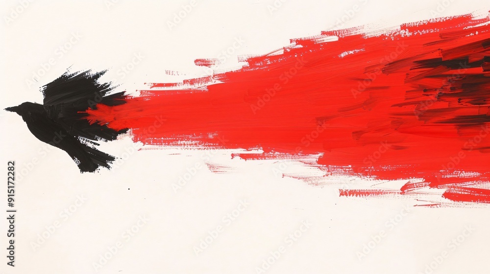 Poster a striking abstract painting showcases a bird flying with trailing brushstrokes in red and black, sy