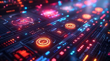 Obraz premium A futuristic 3D illustration of market research tools, showcasing surveys and focus groups with neon accents, holographic displays, interactive components, sharp lines, clear typography,