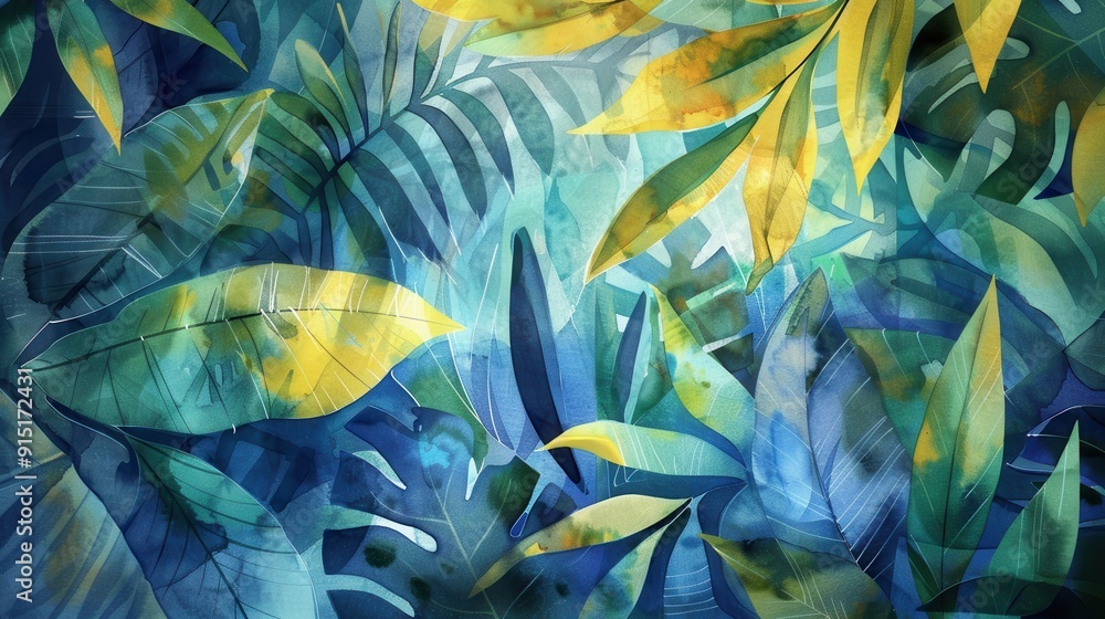 Poster a watercolor painting depicting a close-up view of a tropical forest with vibrant green and yellow l