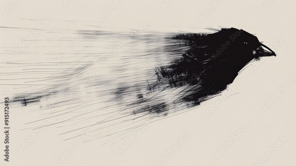 Poster an abstract representation of a bird in motion, depicted with graphic, linear brushstrokes and black