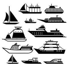 Ships and boats . Barge, cruise ship, shipping and fishing boat signs (12)