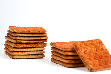 A stack of crackers with beef floss flavor. Isolated on white background. Perfect for design element, product packaging, promotion, or any commercial purposes.
