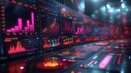 Fototapeta premium A modern 3D illustration of a digital marketing funnel, with detailed stages and transitions, vibrant gradients, clean design, essential metrics highlighted, in a futuristic workspace setting,