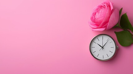 A white clock with pink flowers on a pink background. The clock is set at 10:10