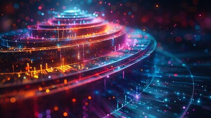 A modern 3D illustration of a sales funnel, with detailed stages and customer interactions, vibrant gradients, clean design, essential metrics highlighted, in a futuristic workspace setting,