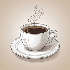 Obraz premium Illustration of a steaming hot cup of coffee in a white ceramic mug with saucer on beige background