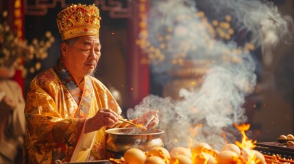A chef in traditional attire prepares a meal, surrounded by incense and ambiance of a vibrant kitchen setting.