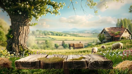 Wooden Table in a Lush Meadow with a Farmhouse in the Background