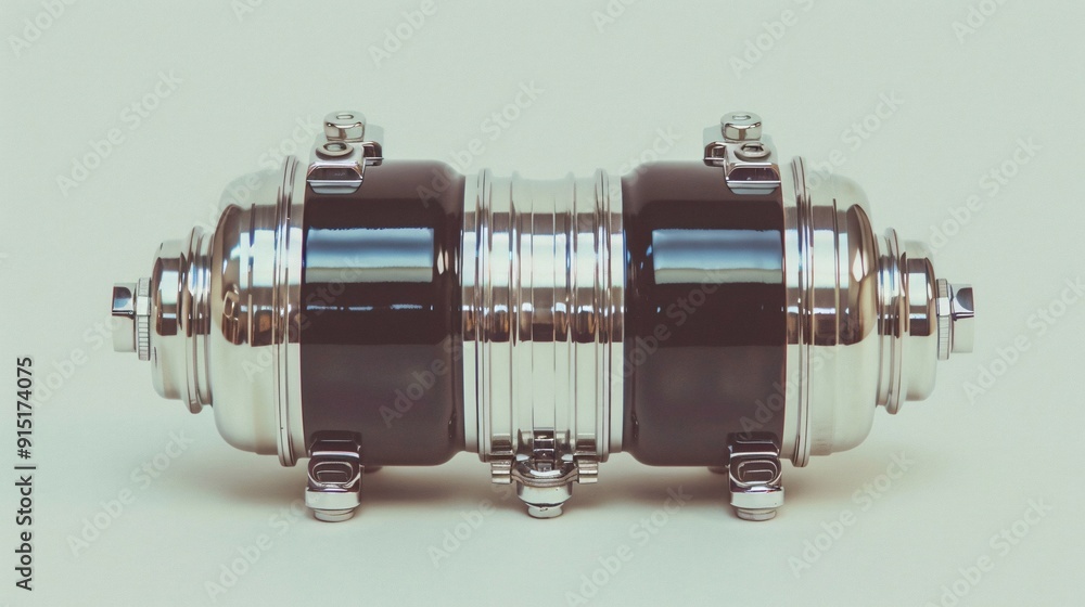Poster this image features a sleek and modern mechanical component, characterized by its black and silver c