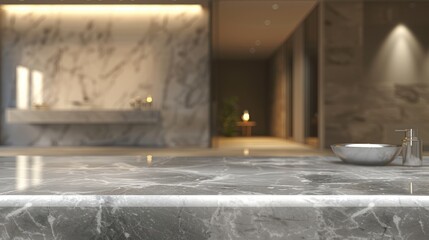 Marble table with blurry bathroom background for product showcase.