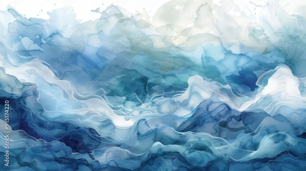 Poster The image depicts a abstract design of blue ink swirls on a white background. The ink appears to be flowing and swirling, creating a sense of movement and energy. The colors are soft and calming, and 