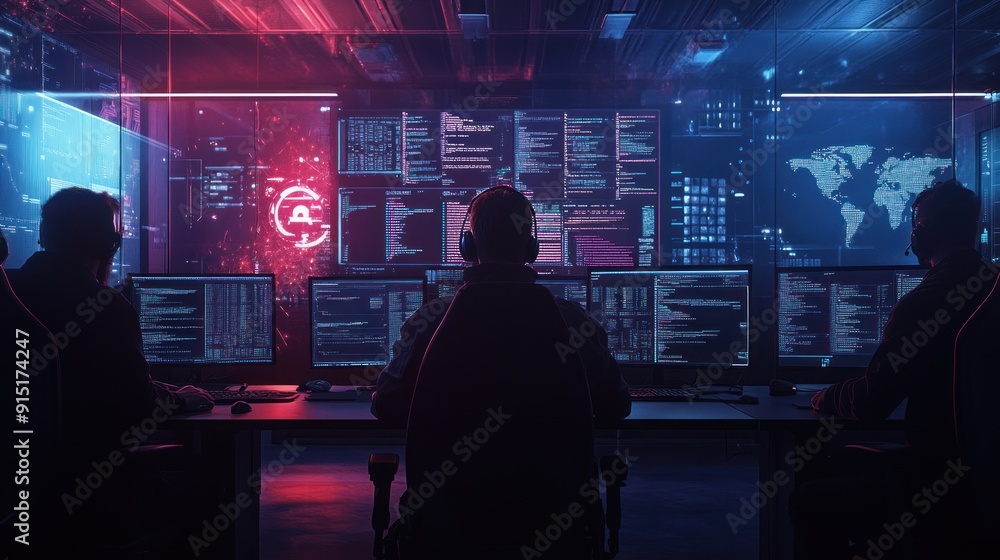 Poster cybersecurity experts monitoring network security in a modern control room