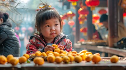 A young child sitting at a market stall, surrounded by bright oranges and festive decorations, capturing a moment of joy.