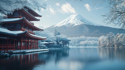 Obraz premium Snow blankets the landscape surrounding Mount Fuji, highlighting a serene red pagoda by the tranquil lake in winter