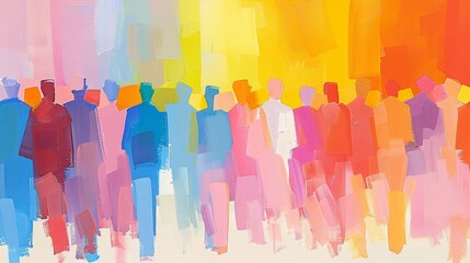 An energetic abstract painting showcasing a crowd of people represented through a combination of colorful geometric shapes, emphasizing the diversity and dynamic interactions of group settings.