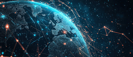 A digital globe with global network connections and data points, representing the world of artificial intelligence. The Earth is surrounded by glowing cyber lines that connect various continents