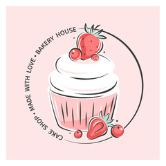 Cake shop or bakery logo. Сake or cupcake and berries. Vector illustration for menu, recipe book, baking shop.