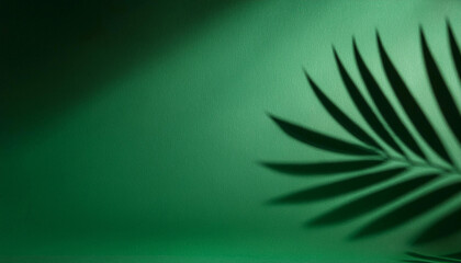 Exotic palm leaves shadows on dark green paper background, lush silhouettes texture, abstract defocused backdrop for product placement