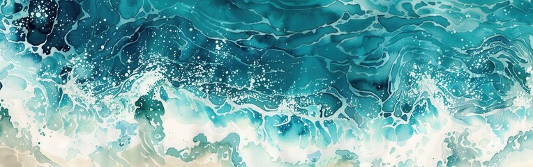 Obraz premium An aerial view of turquoise ocean waves crashing on a sandy beach. White foam swirls around the edges of the crashing waves, creating a beautiful contrast against the clear, blue water.