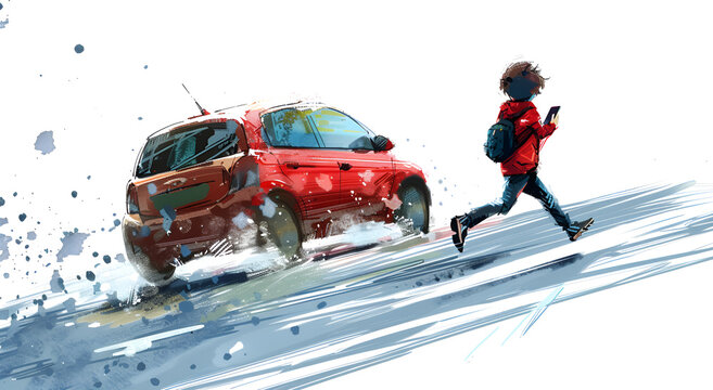 A boy is crossing the road looking at his cell phone, Generative AI