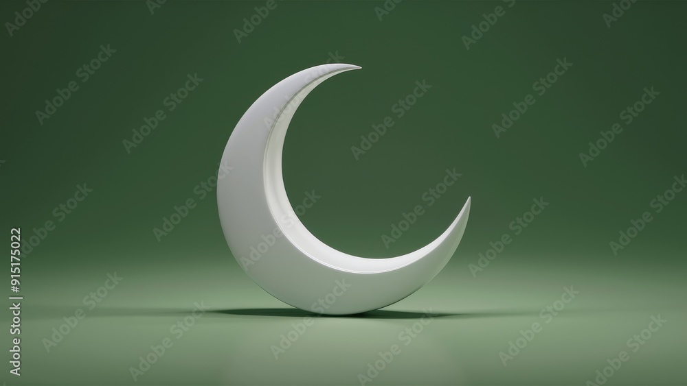 Poster isolated realistic white crescent symbol with shadow in front view 3d illustration on green backgrou