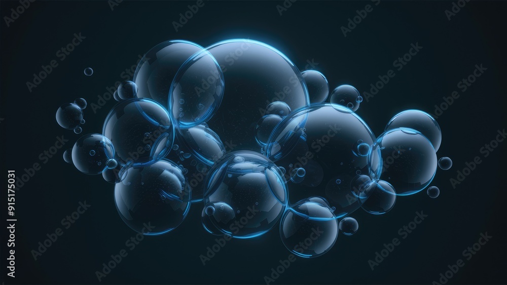 Poster abstract blue bubbles on a dark background representing technology and digital interfaces