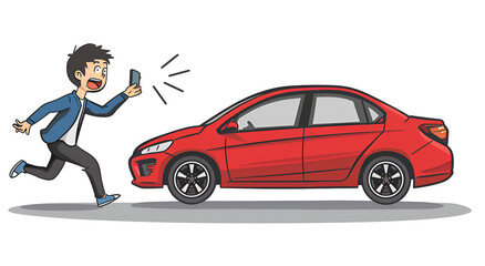 A red car chasing and shouting at an Asian man running away with his phone in hand, Generative AI