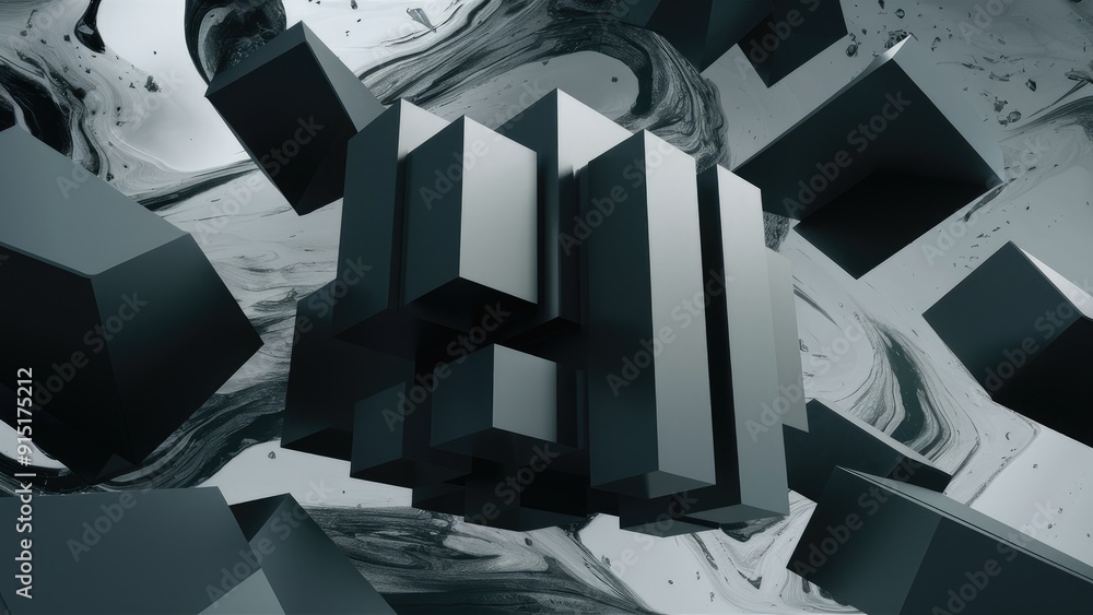 Poster abstract monochrome background with dark gray geometric blocks in 3d