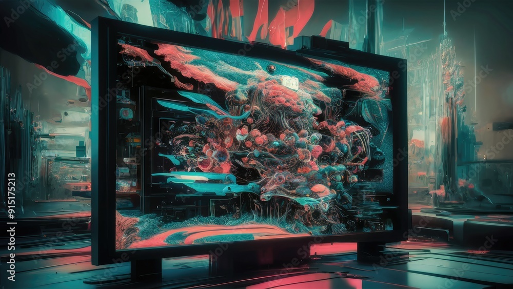 Poster abstract representation of a malfunctioning digital display featuring vibrant distortions and glitch