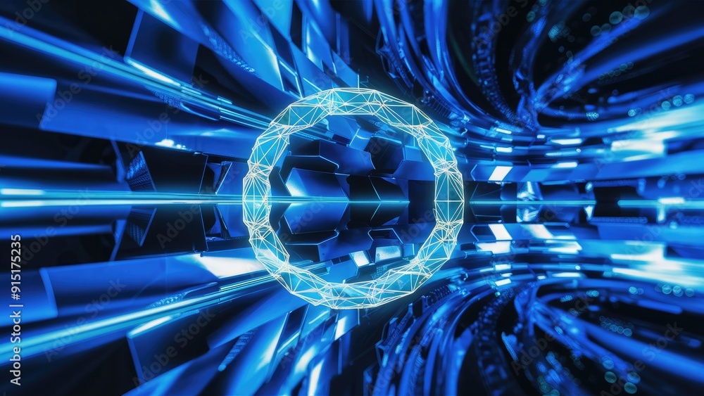 Poster vibrant blue technology background featuring a polygonal circle concept of innovation and advanced t