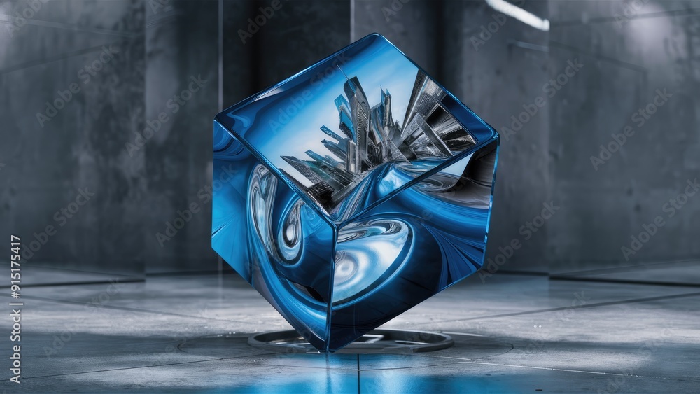 Poster elegant blue glass cube with reflections and refractions modern 3d abstract rendering with highquali