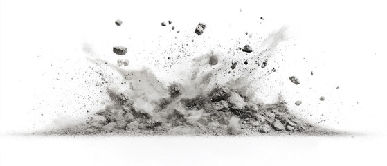 Rock or cement particles billow up into the air on white background.