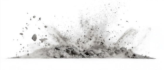 Rock or cement particles billow up into the air on white background.