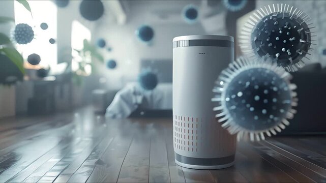 Air purifier in a living room with virus particles surrounding it.  The purifier is a symbol of protection and safety.