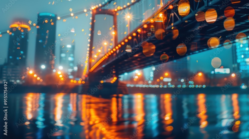 Poster A view from under a bridge at night, looking out at the city skyline with the reflection of the lights in the water below. The bridge is illuminated with string lights, creating a warm glow. The build