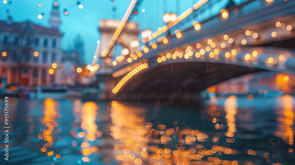 Poster A low angle shot of a bridge with streetlights illuminated at dusk. The scene is out of focus, with the lights reflecting in the river below. The bridge appears to be a chain bridge with a large arch.
