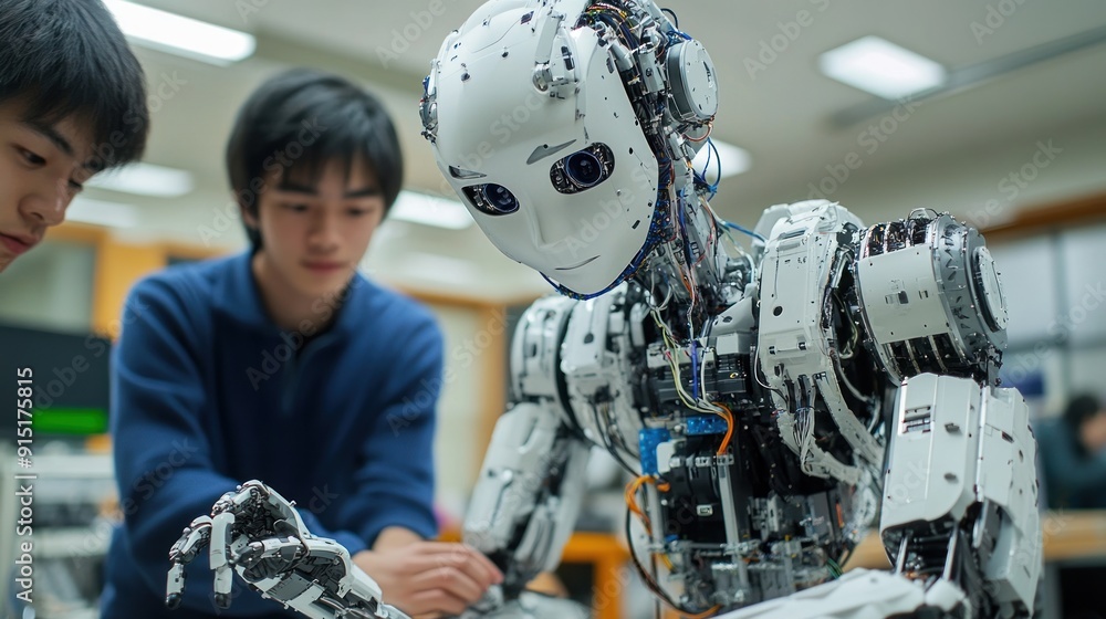 Poster humanoid robot with two engineers
