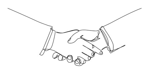 Continuous single line drawing of businessmen shaking hands. Handshake, agreement, introduction banner hand drawn with single line. Business handshake line art vector illustration.