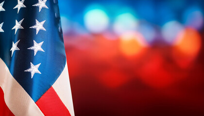 Close-Up of American Flag with Vibrant Bokeh Lights in Red, White, and Blue, Symbolizing Patriotism and Festive Celebration. Banner with Copy Space