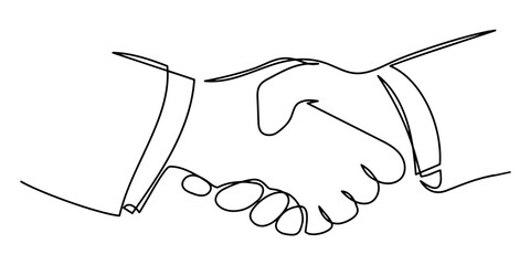 Continuous single line drawing of businessmen shaking hands. Handshake, agreement, introduction banner hand drawn with single line. Business handshake line art vector illustration.