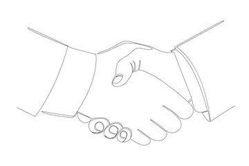 Continuous single line drawing of businessmen shaking hands. Handshake, agreement, introduction banner hand drawn with single line. Business handshake line art vector illustration.