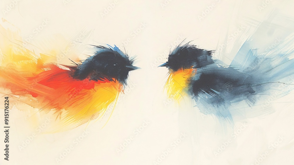 Poster this abstract illustration features two birds facing each other, adorned with colorful, brushstroke-