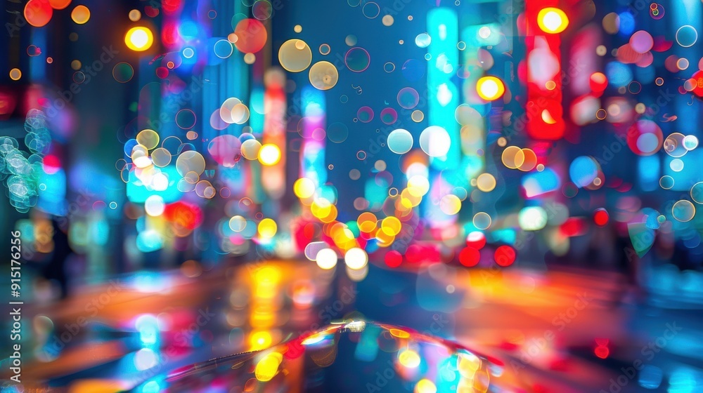 Poster A close-up view of colorful street lights blurred into bokeh circles, reflecting on a wet pavement during a nighttime rainstorm. The lights create a colorful and dynamic scene, adding a sense of energ