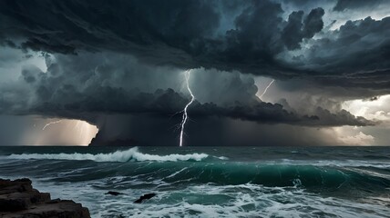 Storm Over the Sea: Dramatic Lightning and Dark Clouds over Turbulent Waves