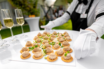 A waiter serves a tray of gourmet canapés at an outdoor event, showcasing elegance and hospitality. close-up highlights the intricate details of the appetizers, perfect for catering and culinary theme