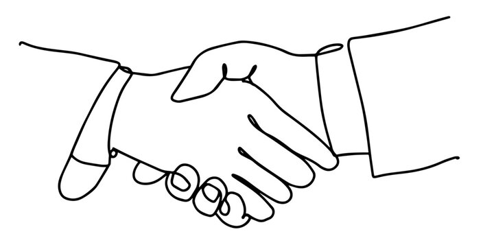 recommend clip art: Continuous single line drawing of businessmen shaking hands. Handshake, agreement, introduction banner hand drawn with single line. Business handshake line art vector illustration.