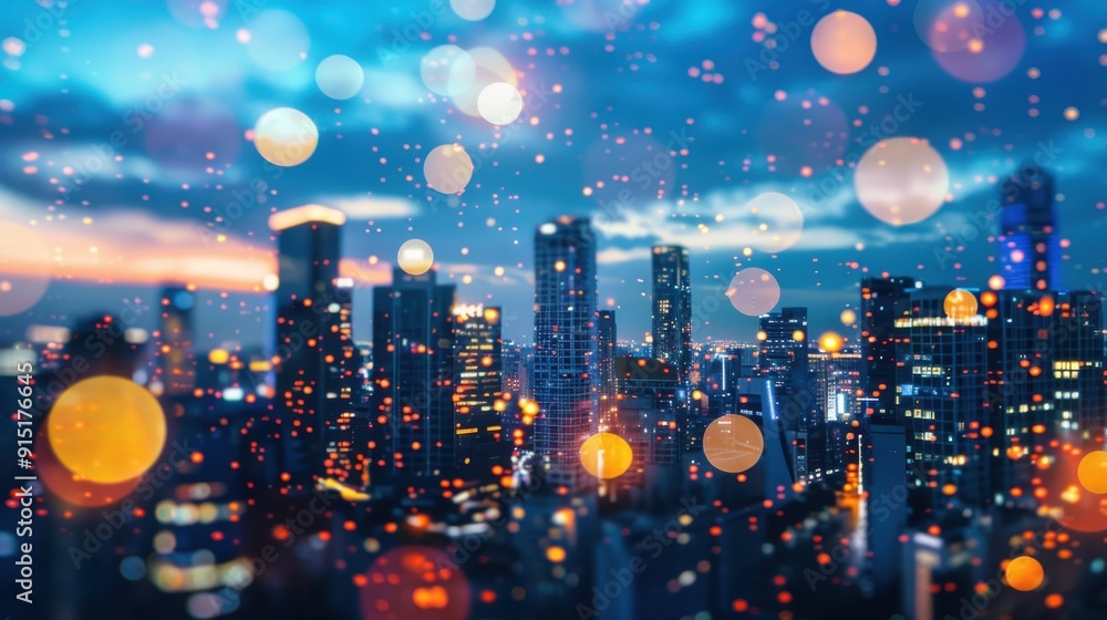 Poster A cityscape with tall buildings is illuminated by streetlights and other sources of light, creating a beautiful bokeh effect in the background. The sky is a soft blue, with a hint of pink from the set