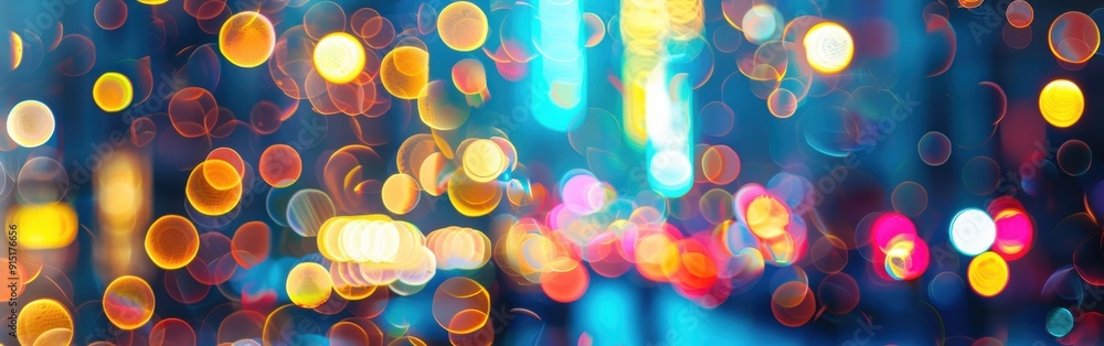 Aufkleber A close-up view of colorful city lights blurred through raindrops on a window at night. The lights create a dazzling array of circular shapes, casting a warm glow against a dark blue backdrop.