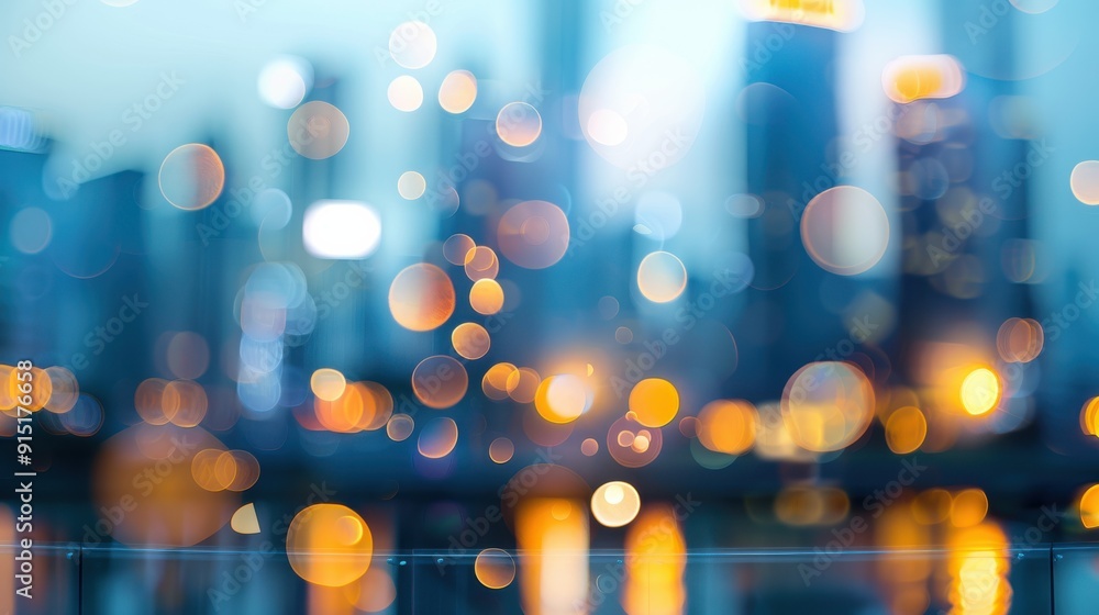 Poster a blurry abstract image of a city at dusk with out-of-focus lights and buildings in the background, 